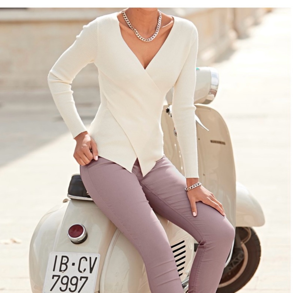 Lascana Cream V-Neck Overlapping Sweater Women's Top